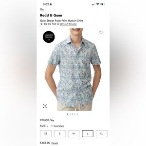 NWT Rodd & Gunn Palm Print Button-Up Shirt - Size Medium